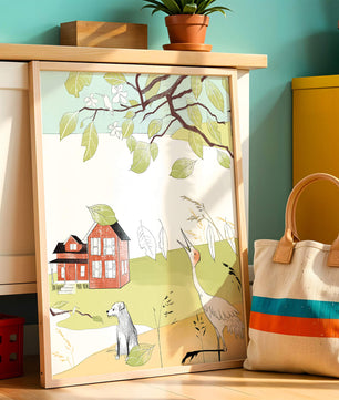 Tranquil rural landscape illustration with house, dog, and crane