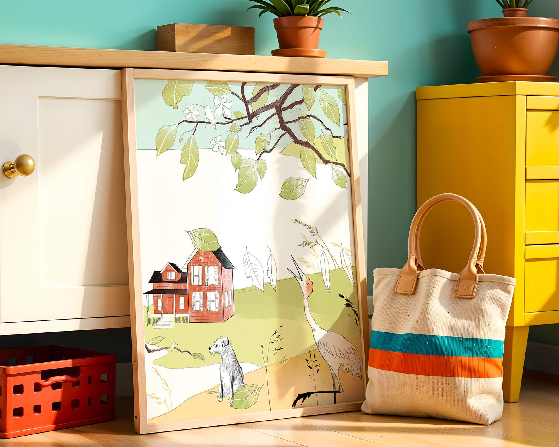 Tranquil rural landscape illustration with house, dog, and crane