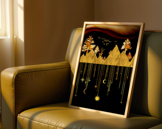 Serene golden landscape with a deer, mountains, and celestial motifs