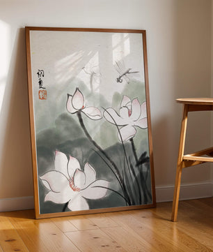 Delicate watercolor of lotus flowers with dragonfly in serene atmosphere