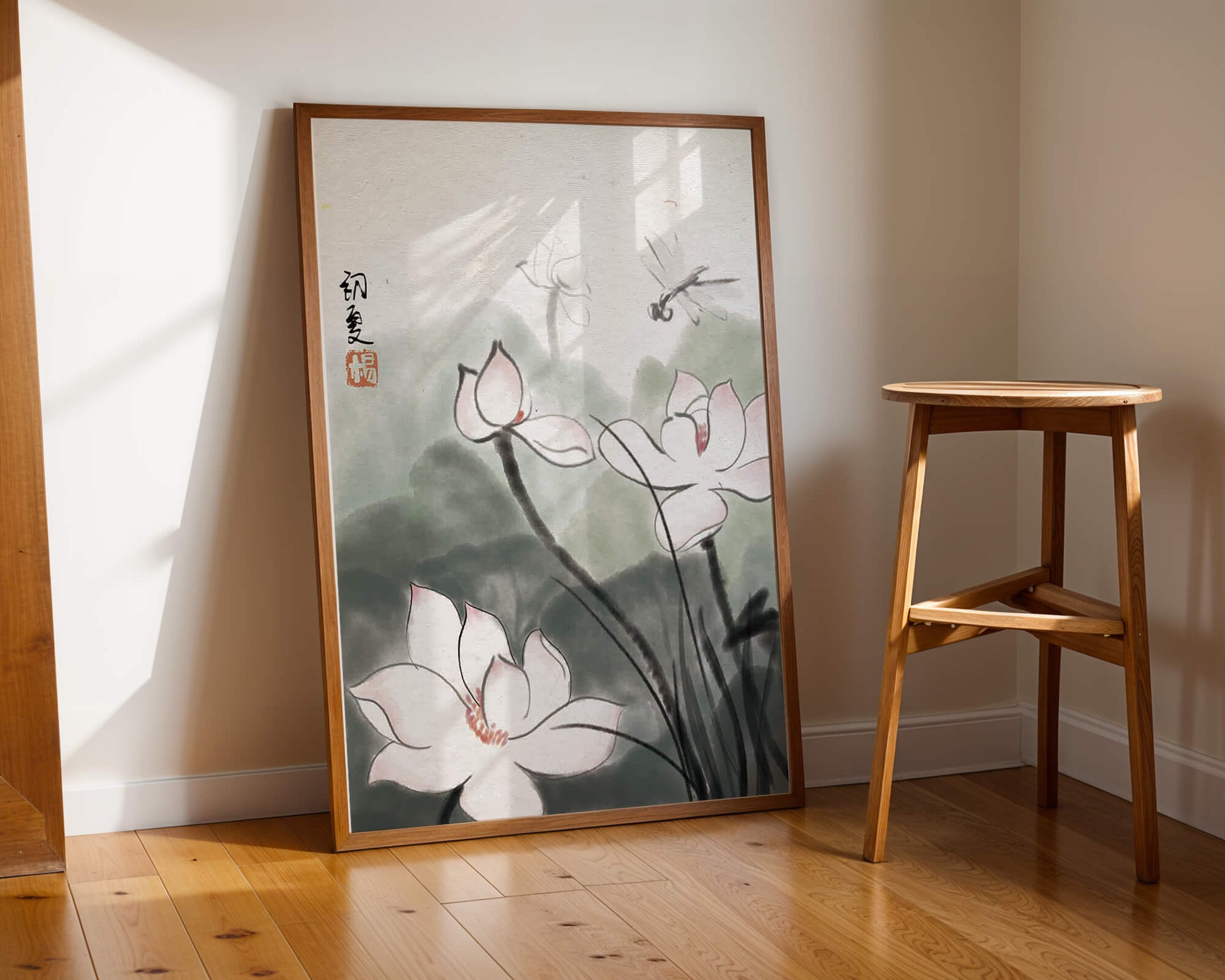 Delicate watercolor of lotus flowers with dragonfly in serene atmosphere