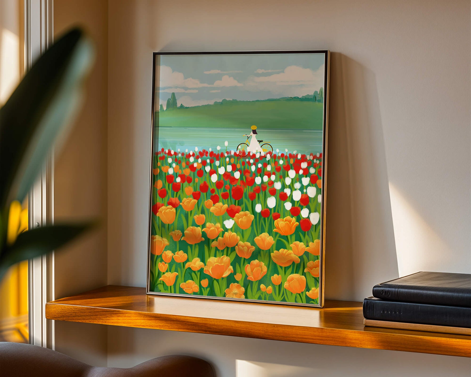 Woman with bicycle in vibrant tulip field by a lake