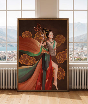 Elegante representación de una mujer tocando un instrumento de cuerda tradicional con ropajes fluidos y fondo ornamentado