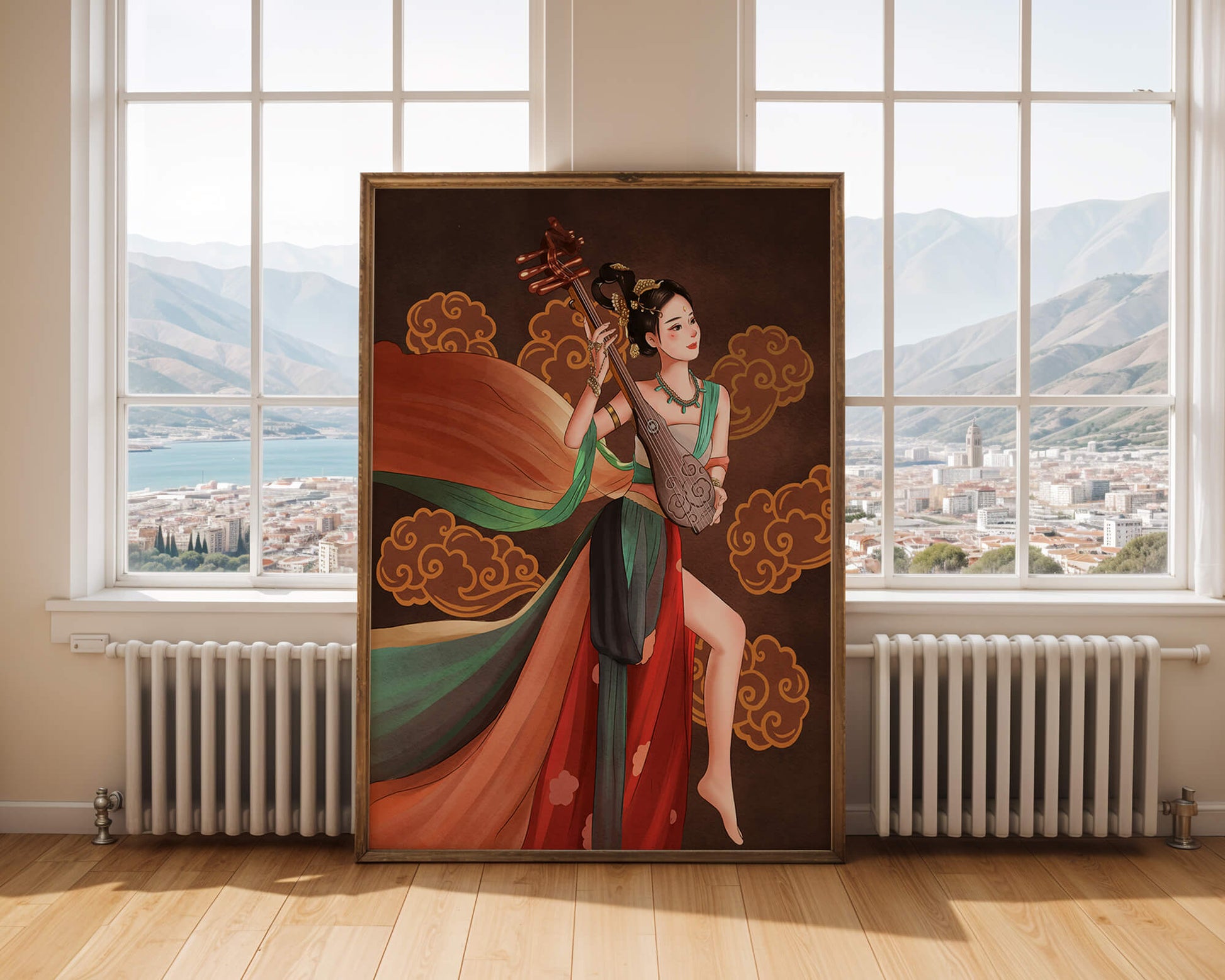 Elegant depiction of a woman playing a traditional string instrument with flowing garments and ornate background
