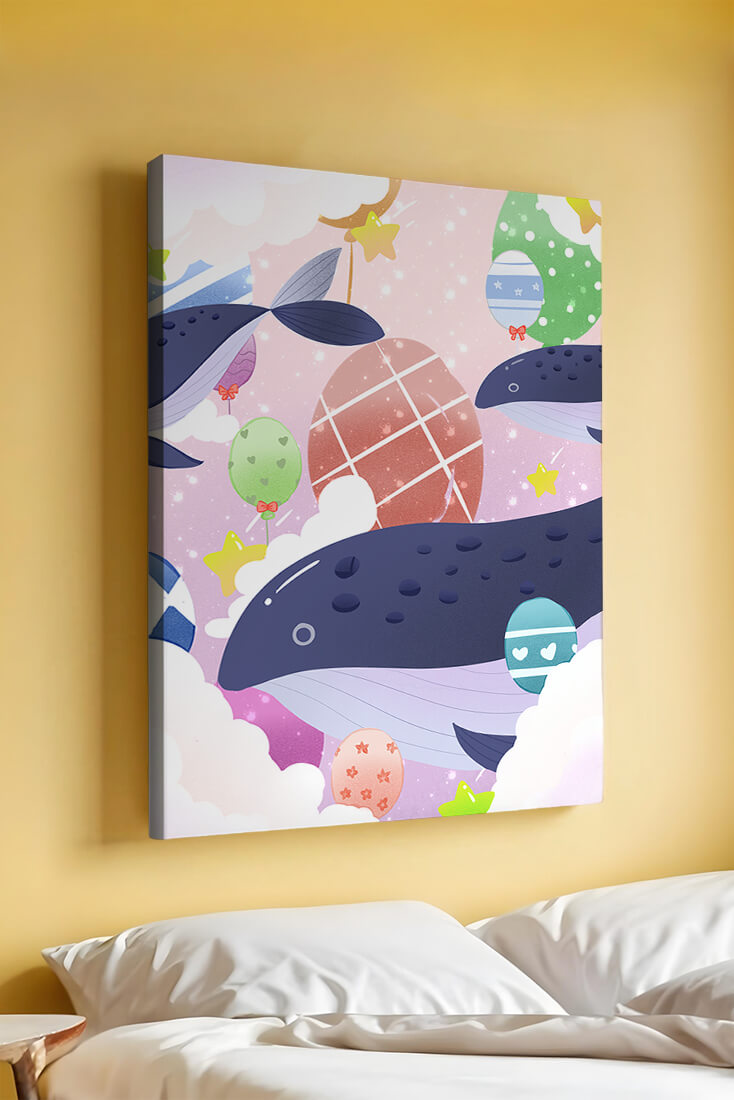 Whimsical illustration of whales and floating stars with colorful eggs
