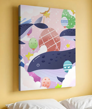 Whimsical illustration of whales and floating stars with colorful eggs