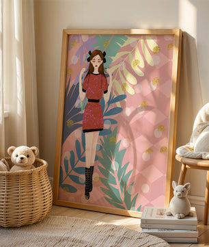 Illustration élégante d'une femme avec des éléments botaniques et un fond géométrique