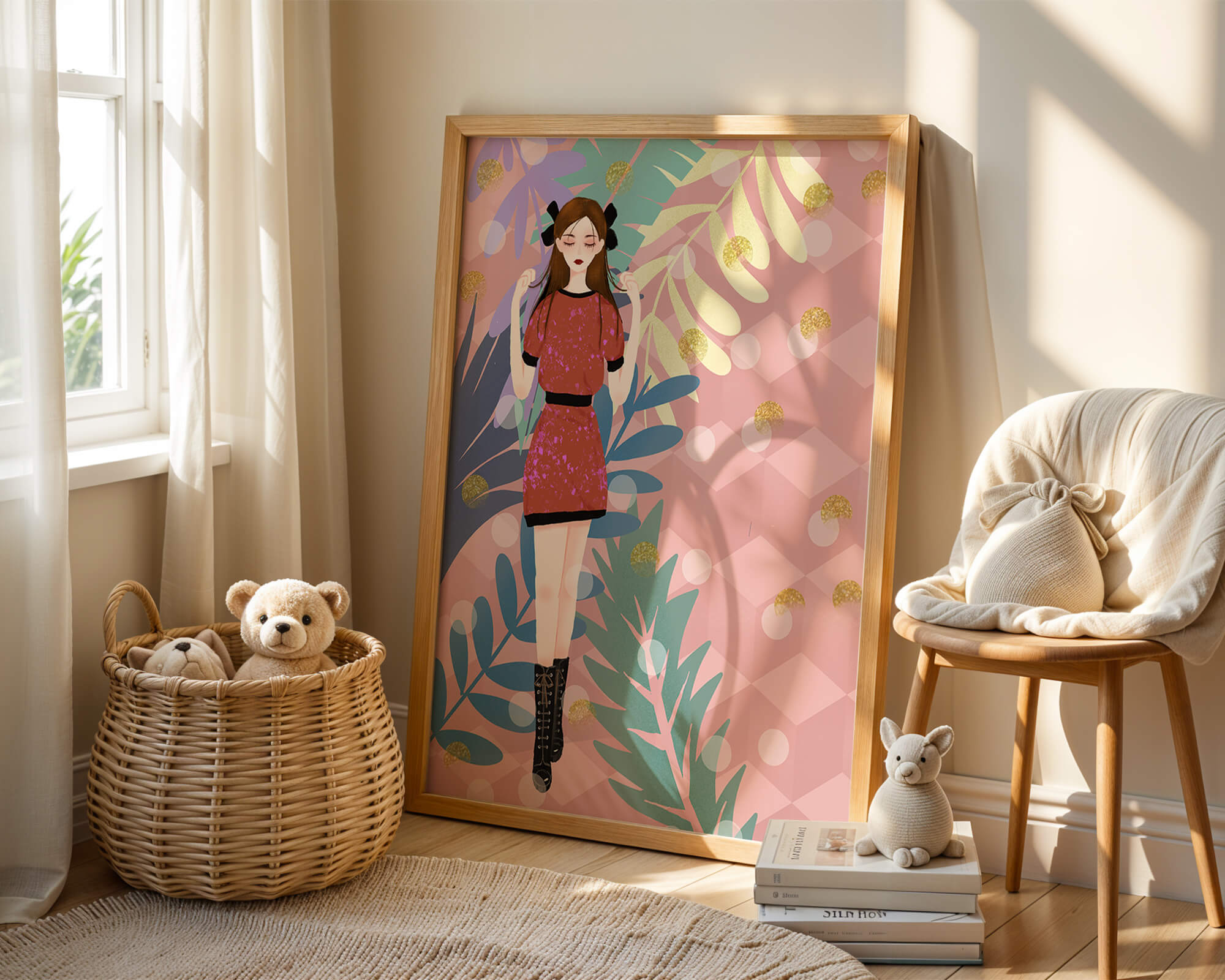 Stylish illustration of a woman with botanical elements and geometric background
