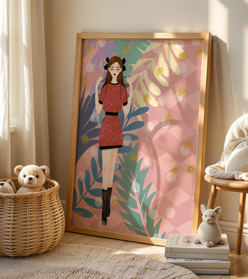 Stylish illustration of a woman with botanical elements and geometric background