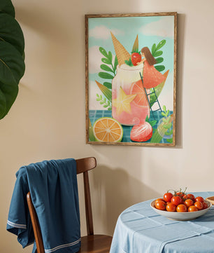 Bezaubernde Sommergetränk-Illustration mit Früchten, Blättern und einem Kind