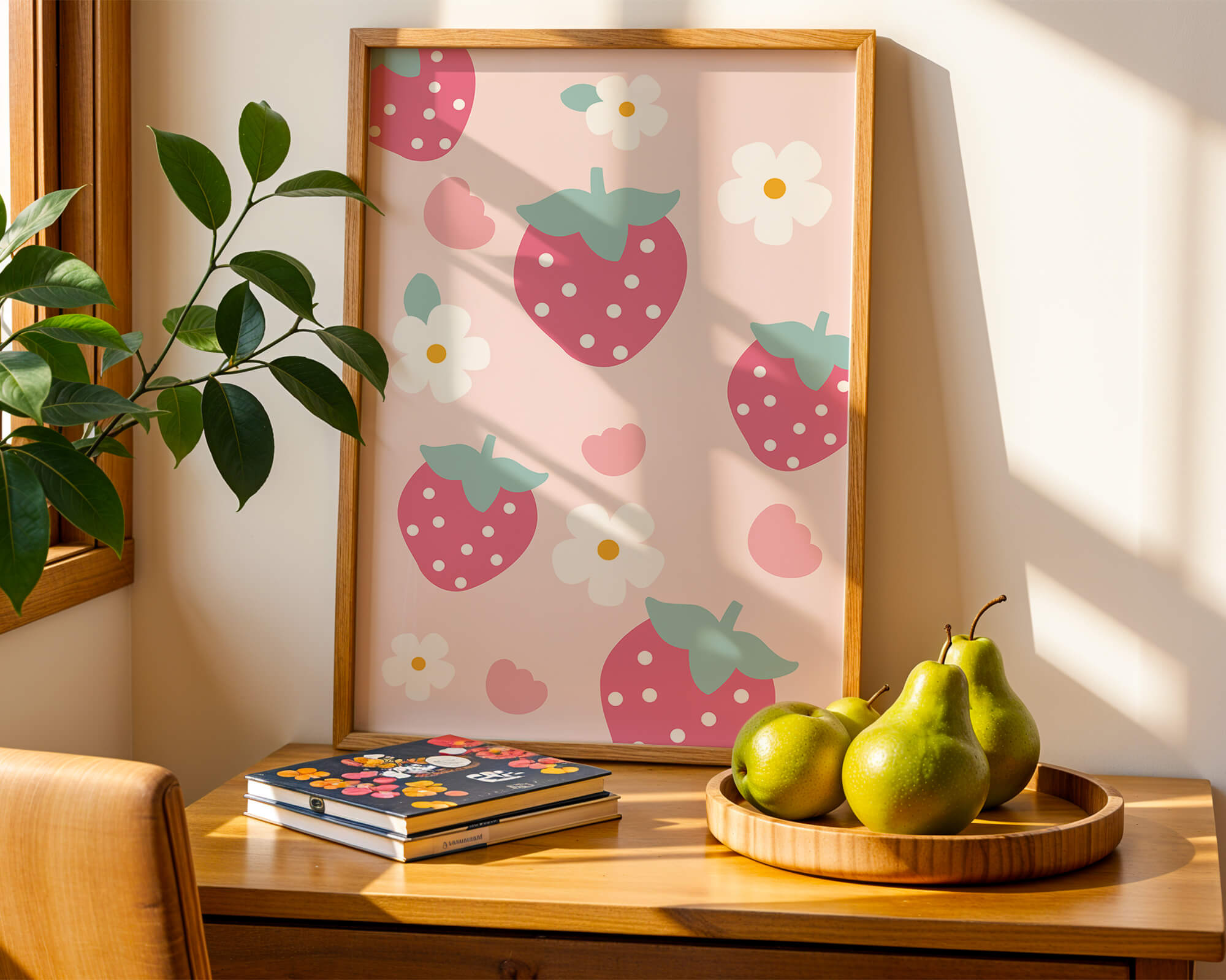 Playful strawberry and flower pattern on a pastel background