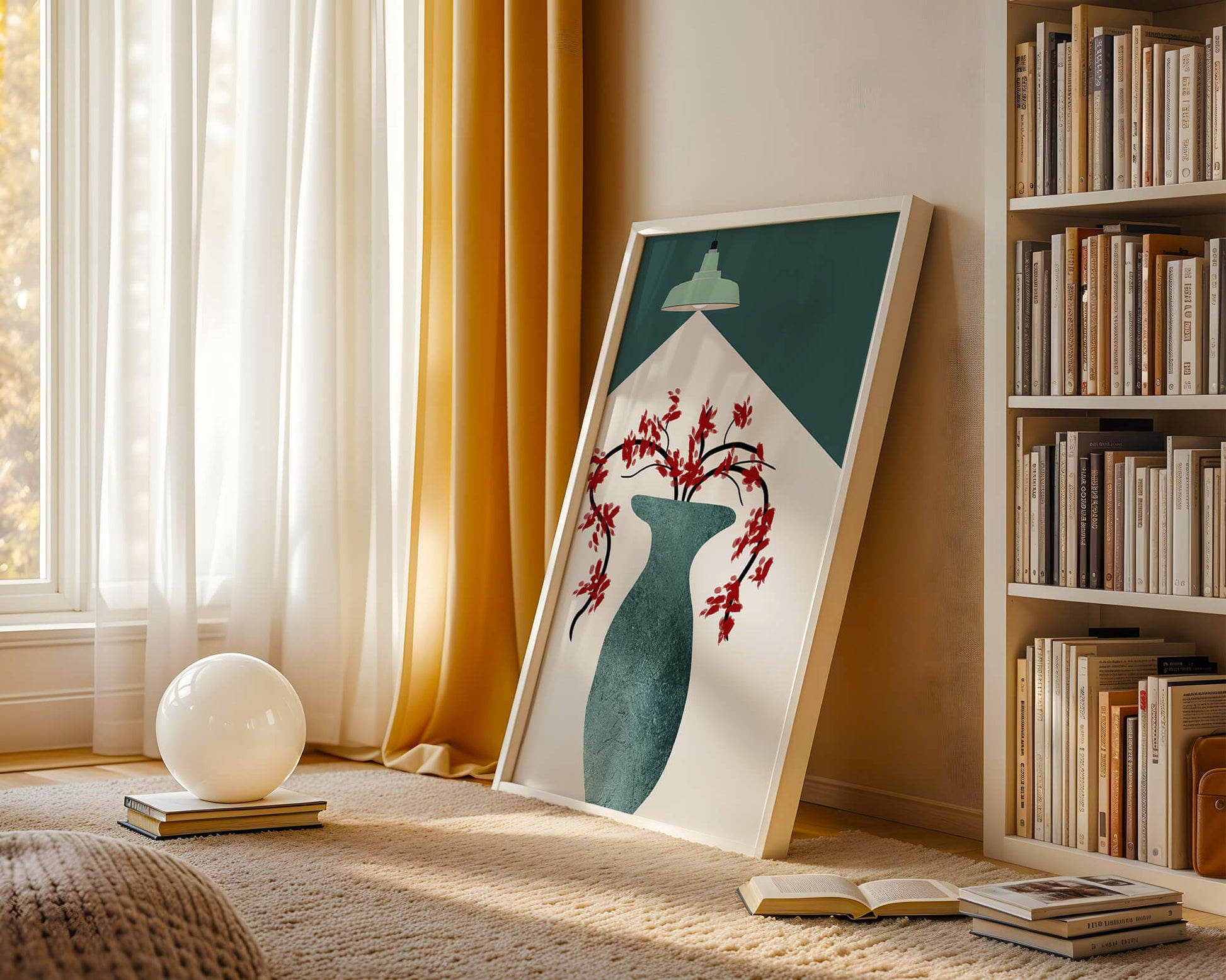 Modern Minimalist Vase with Red Flowers Under Green Lamp