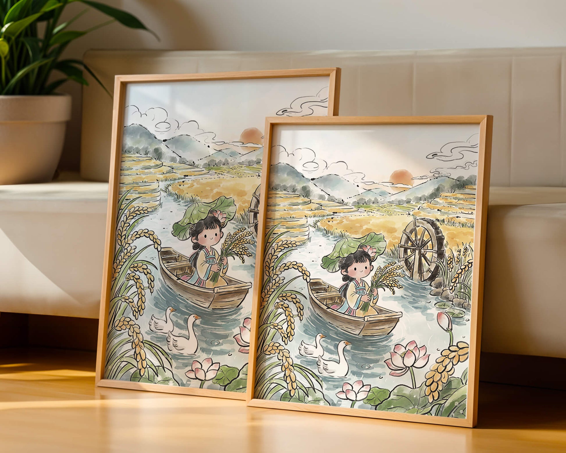 Niña en un bote con campos de arroz y atardecer de fondo