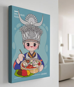 Charming illustration of a person in traditional attire enjoying a meal