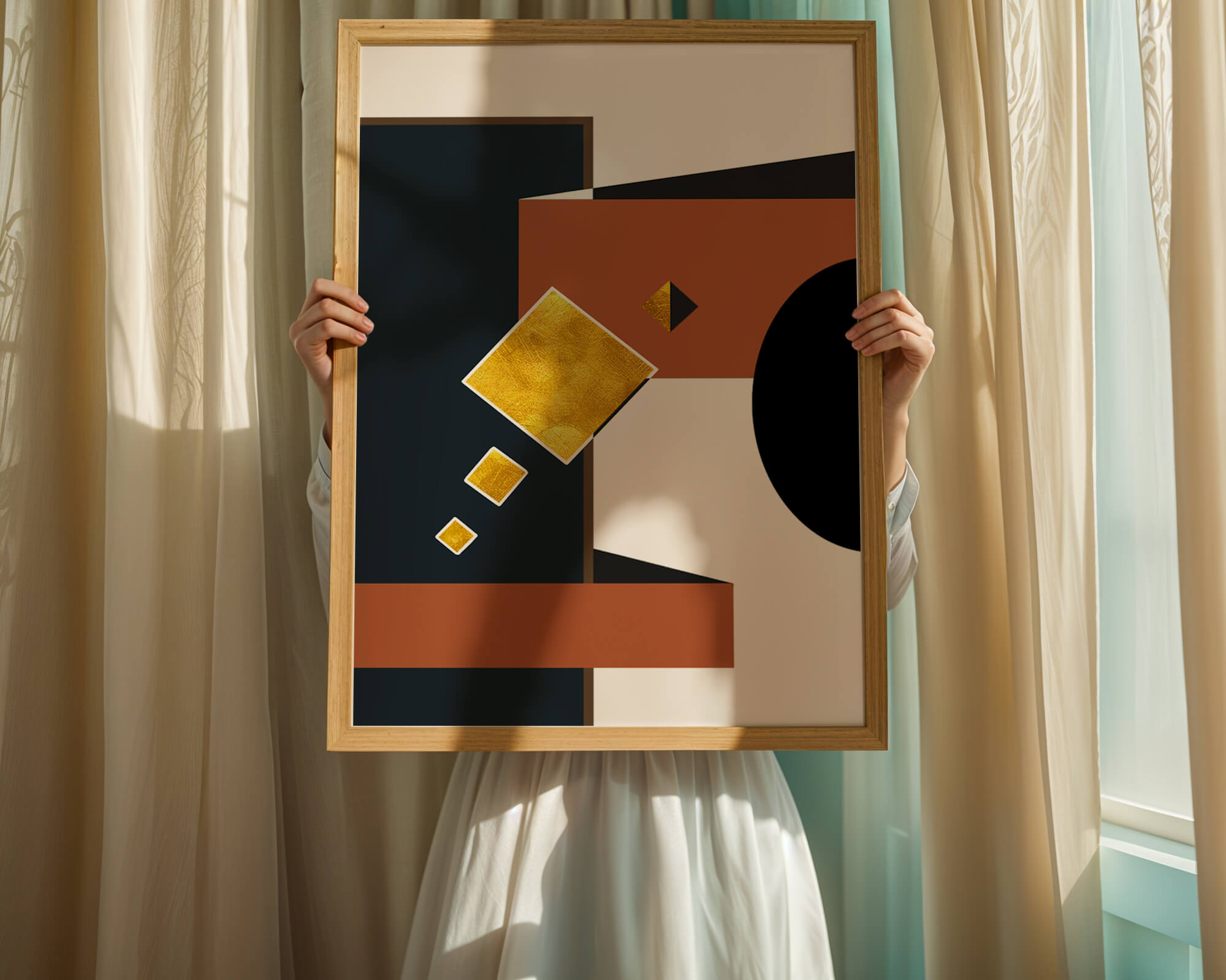 Abstract geometric art with gold accents and bold colors - Mi tienda