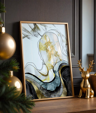 Arte abstracto con líneas fluidas y detalles dorados