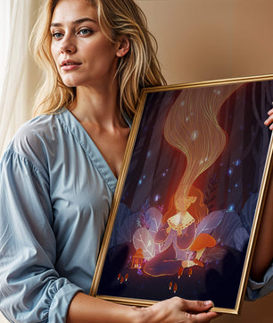 Magical forest scene with lantern and glowing hair