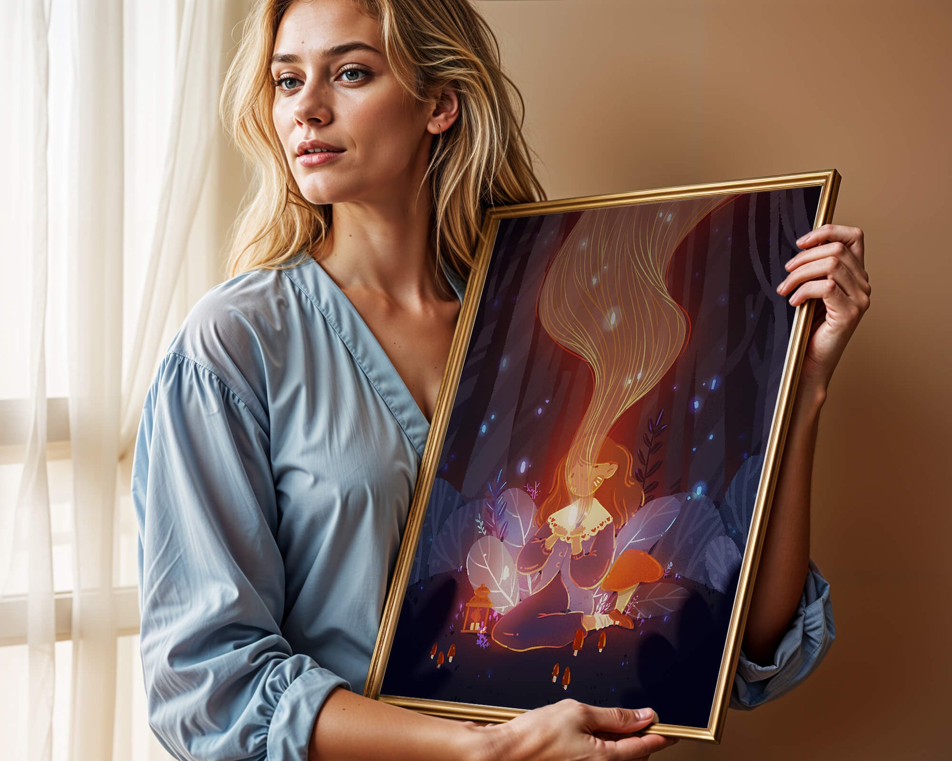 Magical forest scene with lantern and glowing hair