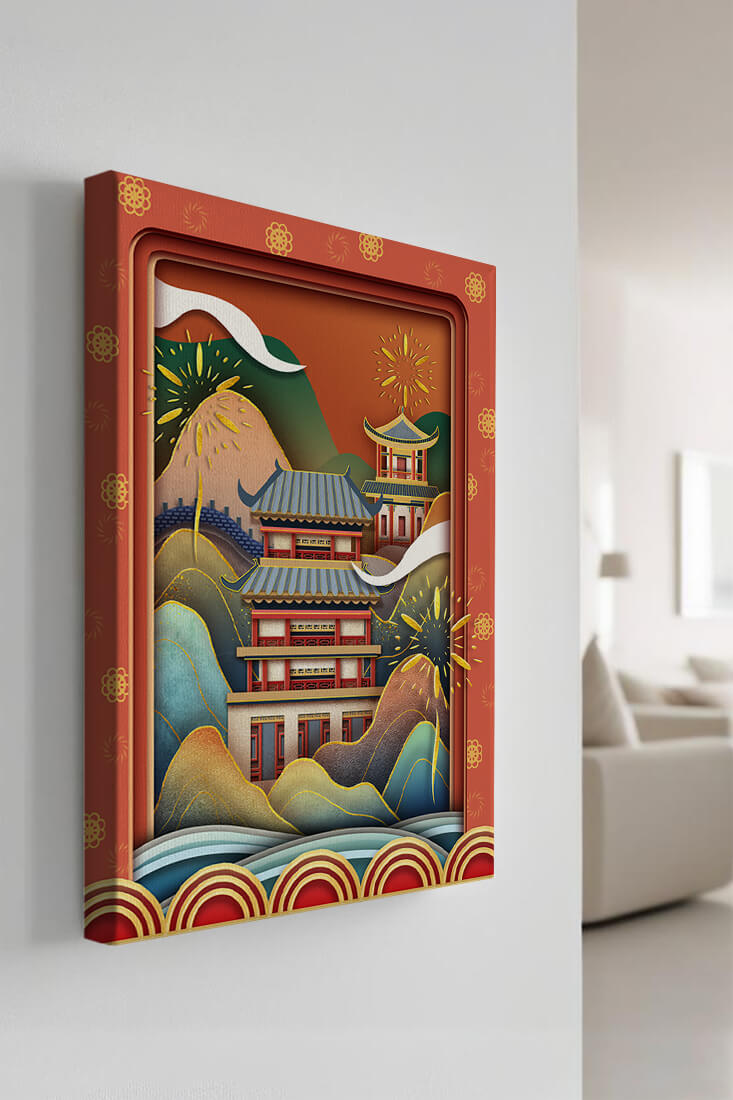 Traditional Asian architecture with fireworks and vibrant mountains