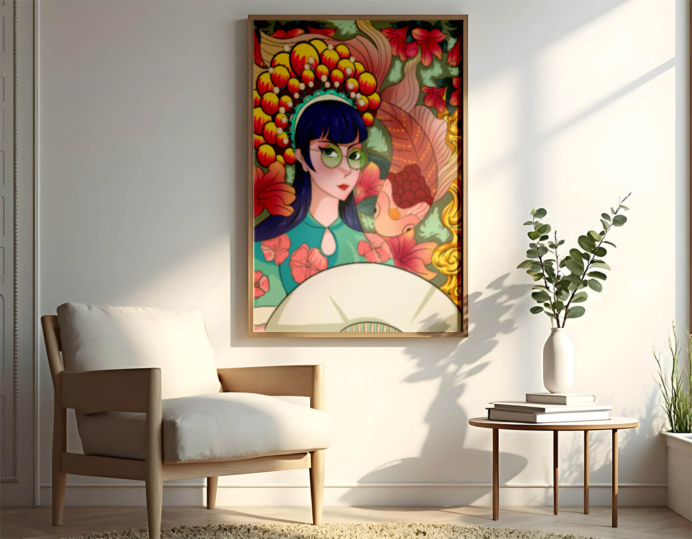 Colorful illustration of a woman with floral headdress and fish background
