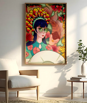 Illustration colorée d’une femme avec une coiffe florale et un fond de poissons