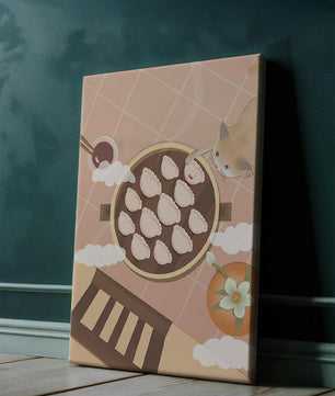 Gato alcanzando dumplings en una mesa con azulejos rosas y naranjas con palillos
