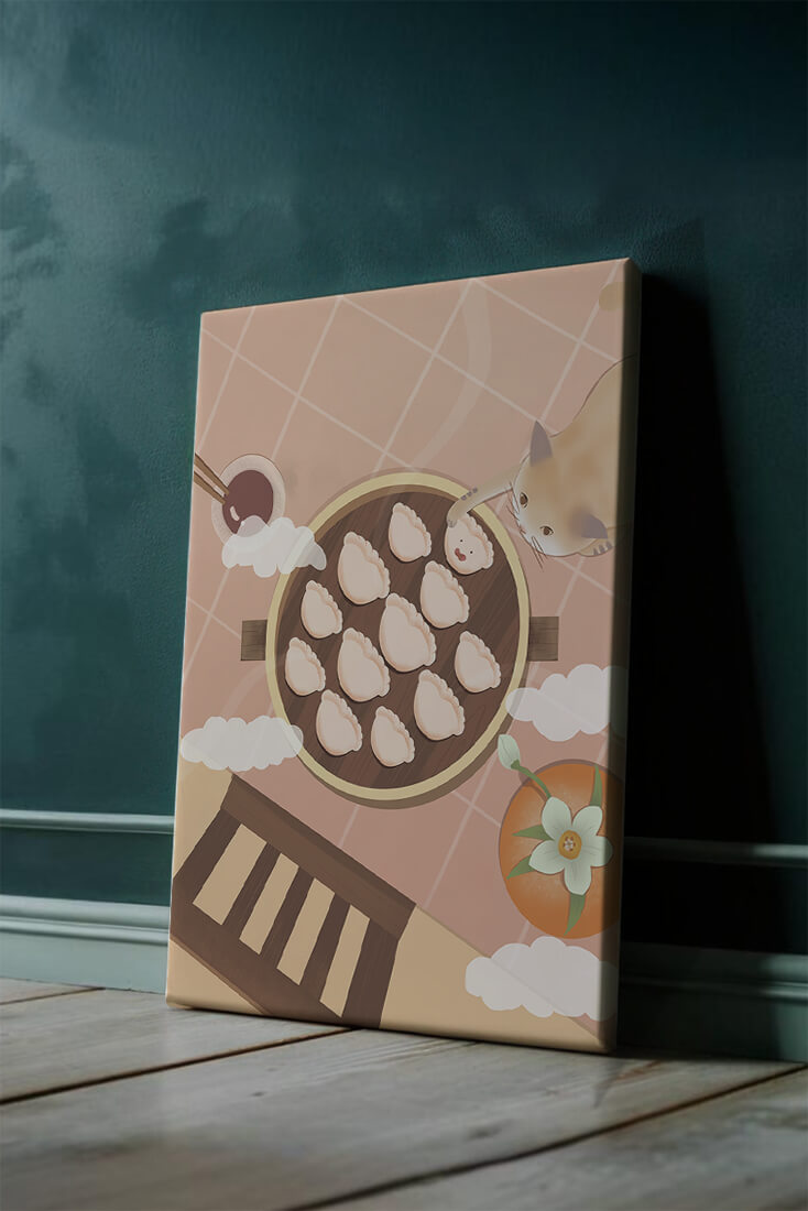 Gato alcanzando dumplings en una mesa con azulejos rosas y naranjas con palillos