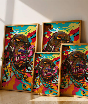 Cabeza de león abstracta y colorida con remolinos vibrantes