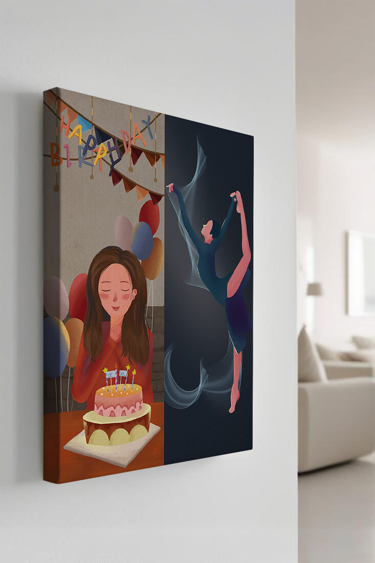 Birthday celebration illustration with cake and dancing figure