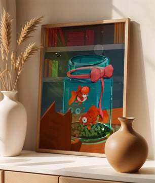 Neugierige Katze beobachtet Goldfische in einem Glas auf einem Bücherregal