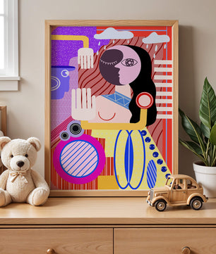 Abstrakte geometrische Kunst mit einer weiblichen Figur in leuchtenden Farben