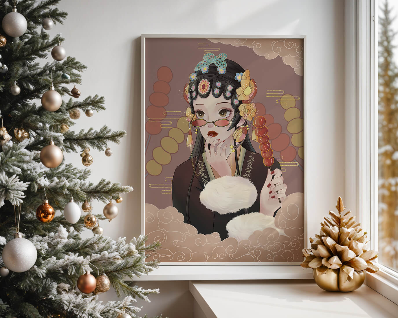 Elegant woman in traditional attire with floral hairpiece