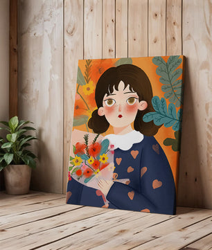 Ilustración colorida de una chica con flores rodeada de un fondo floral vibrante