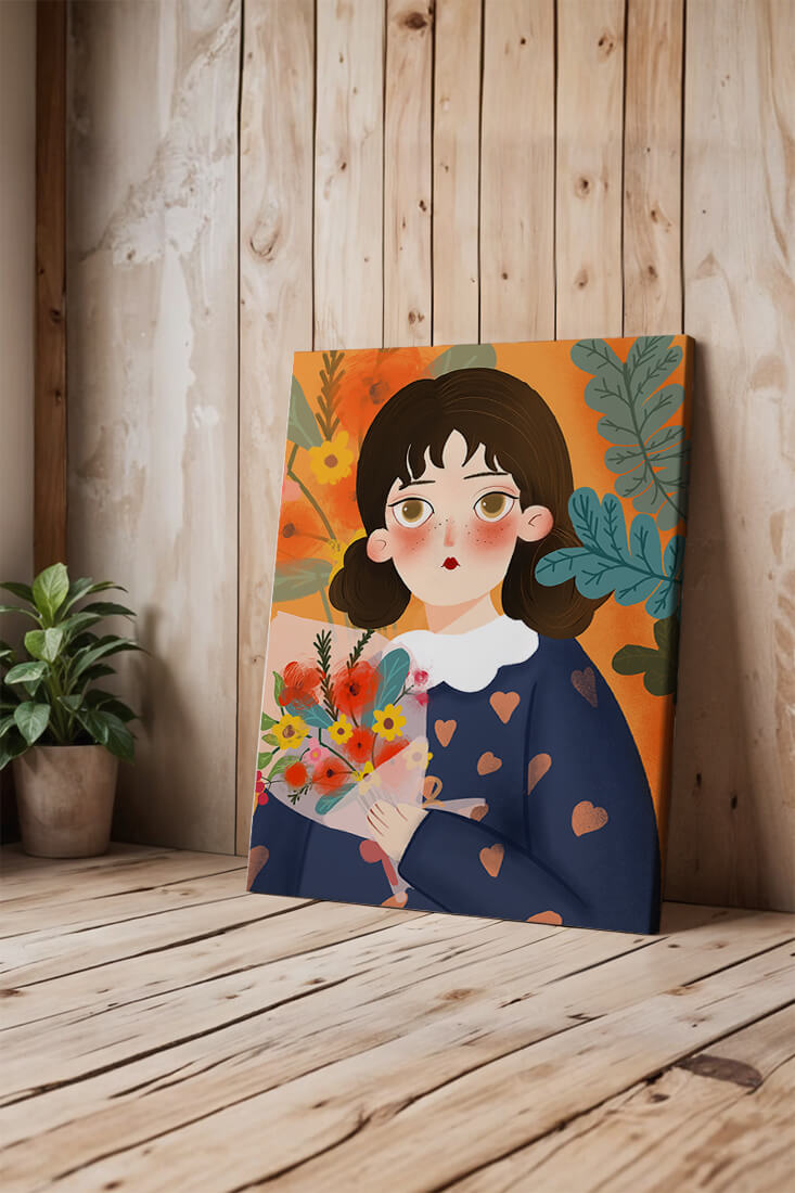 Ilustración colorida de una niña con flores rodeada de un fondo floral vibrante.