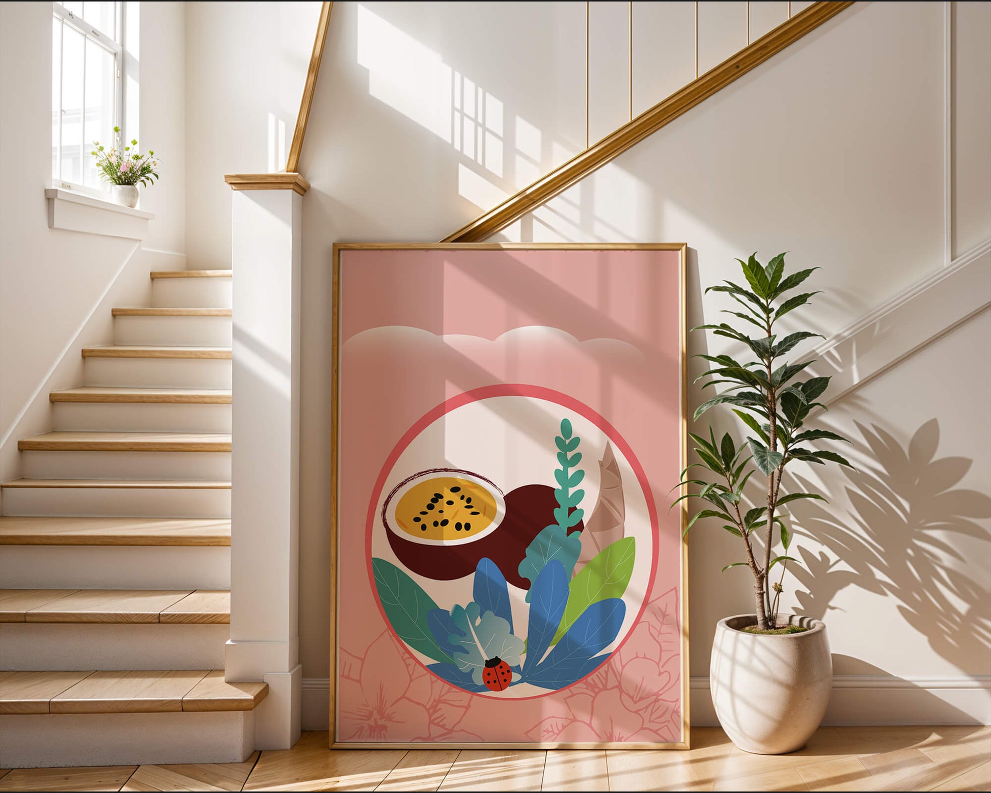 Ilustración de frutas tropicales y hojas con una mariquita sobre un fondo rosa