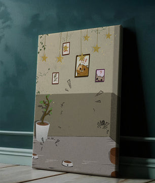Habitación acogedora con decoraciones de estrellas y obra de arte de gatos
