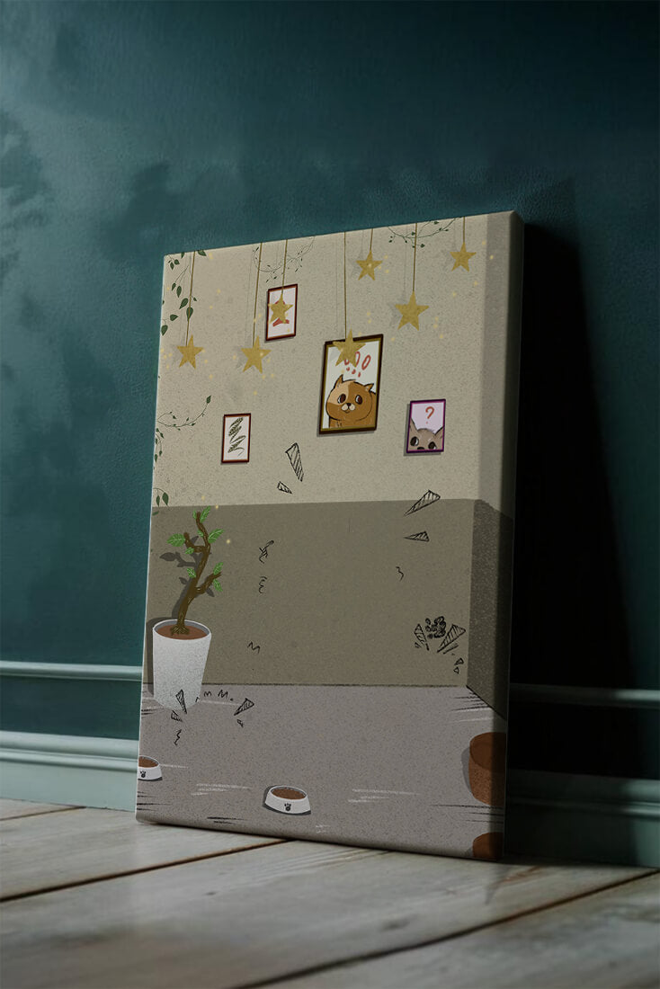 Cozy Room with Star Decorations and Cat Artwork