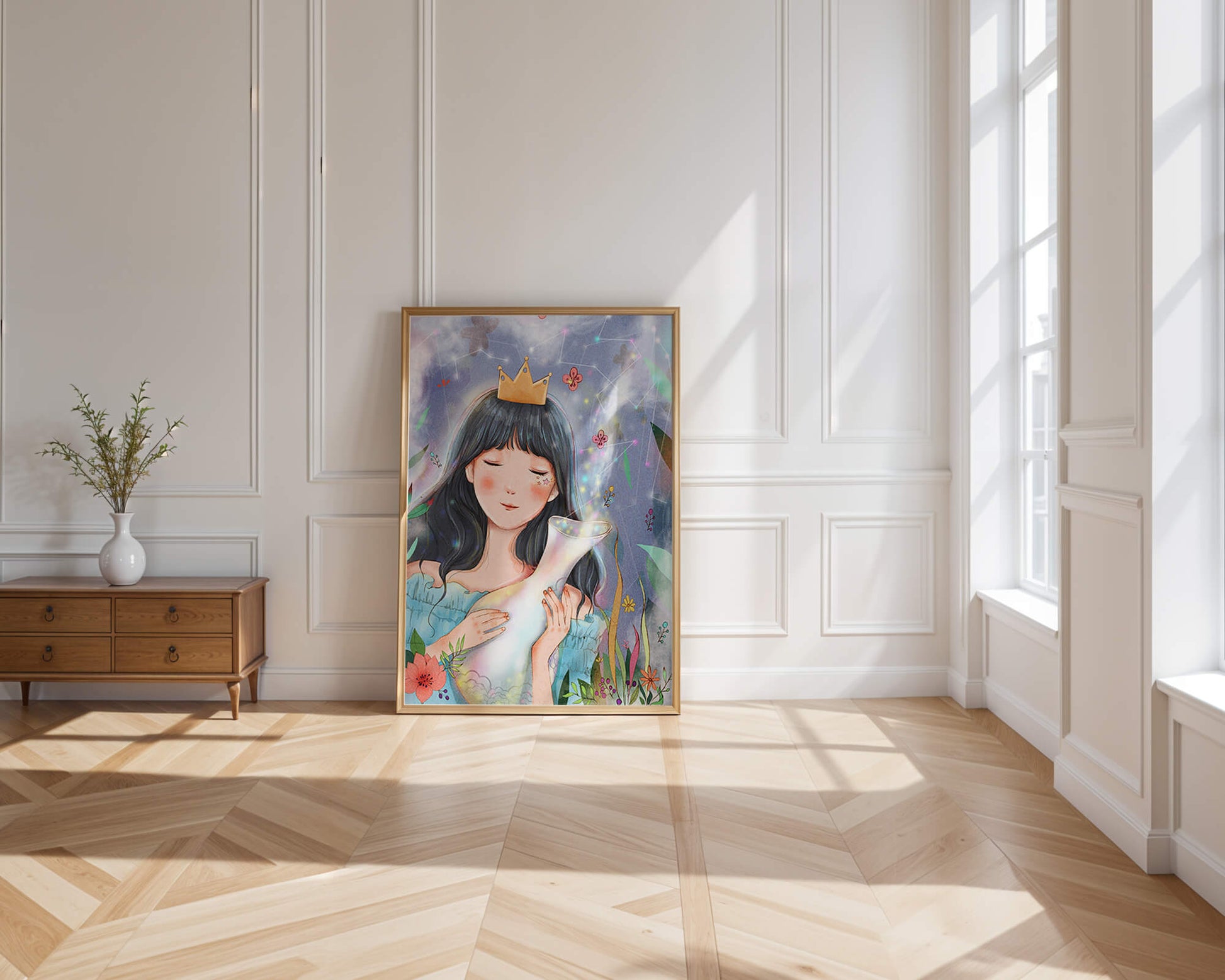 Retrato encantador de una chica con corona en un jardín mágico