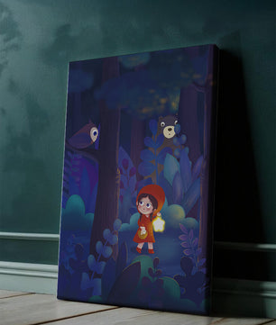 Little Girl in Red Hood Exploring Enchanted Forest at Night with Owl and Bear