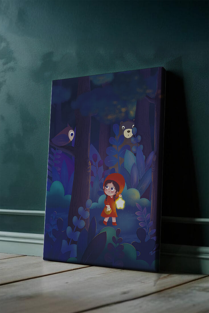 Little Girl in Red Hood Exploring Enchanted Forest at Night with Owl and Bear