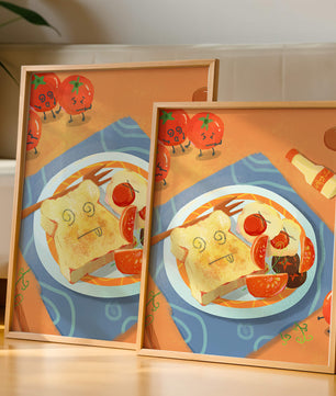 Whimsical Breakfast with Animated Tomatoes and Toast on a Bright Plate