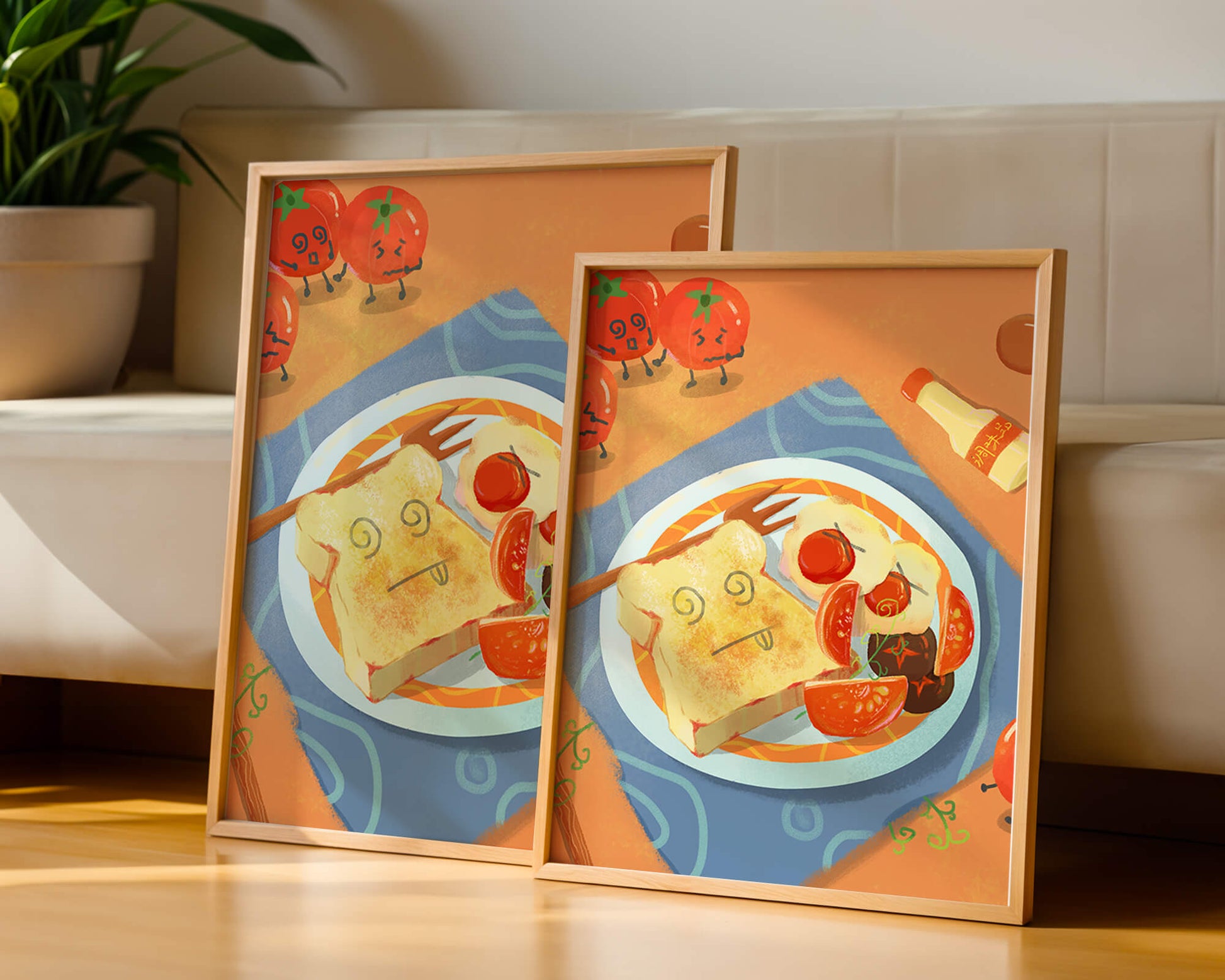 Desayuno caprichoso con tomates animados y tostadas en un plato brillante