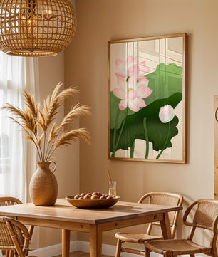 Delicate pink lotus flowers with verdant green leaves