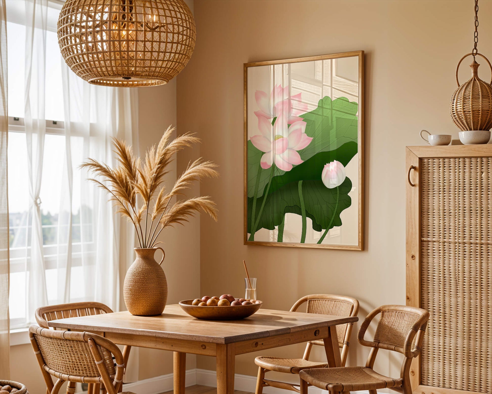 Delicate pink lotus flowers with verdant green leaves