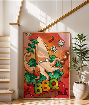 Calamar a la parrilla estilo caricatura peculiar con vegetales