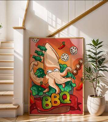 Quirky Cartoon Squid BBQ with Vegetables