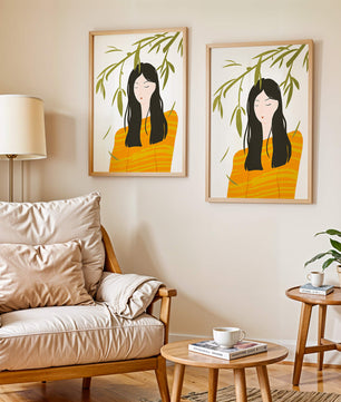 Illustration d'une femme en pull orange avec un fond de feuillage