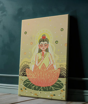 Heitere Illustration einer meditativen Figur auf einem Lotus mit himmlischem Hintergrund