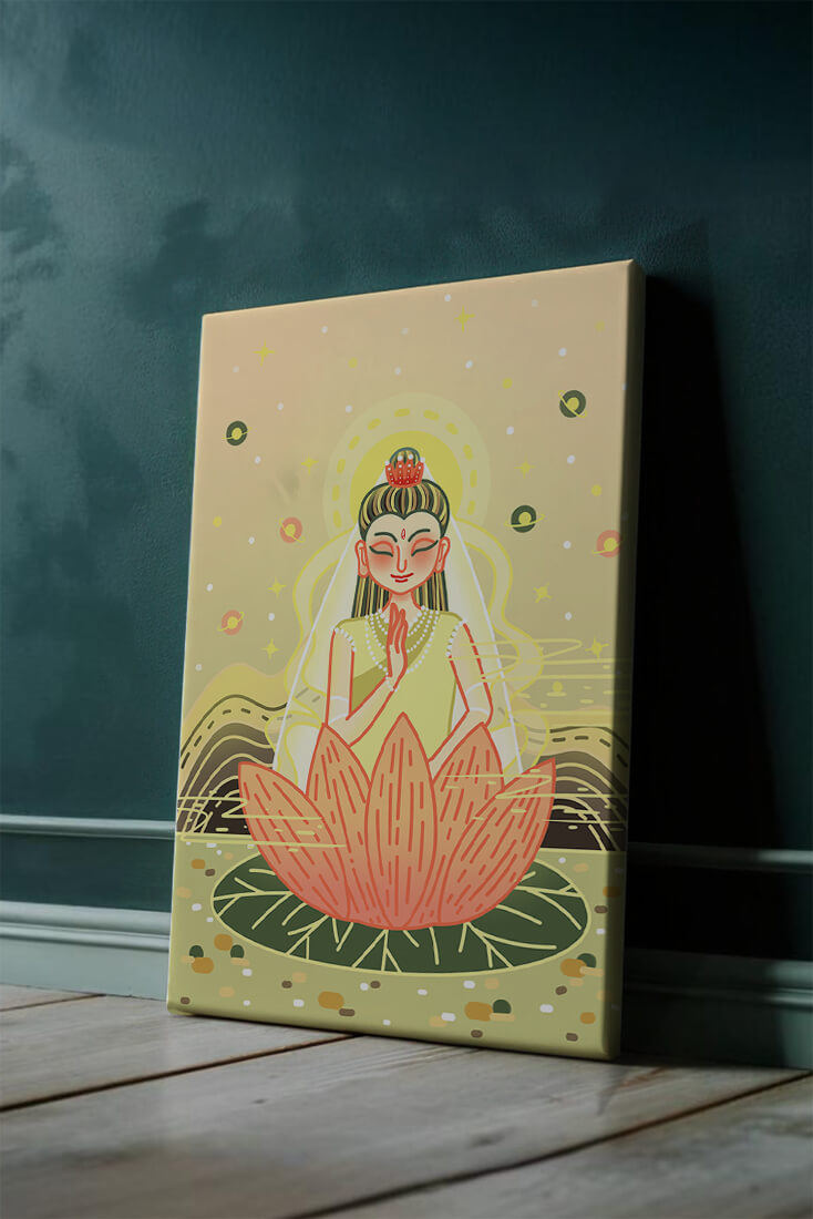 Serene illustration of meditative figure on a lotus with celestial background