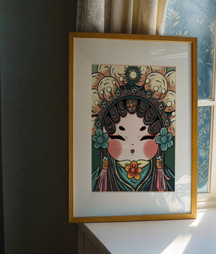 Ilustración encantadora de una muñeca china tradicional con tocado floral